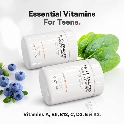 Codeage Teen’s Daily Multivitamin Supplement, 25+ Vitamins & Minerals for Teenage Boys & Girls, Organic Whole Foods Vitamins for Teenagers, Vitamin A, B, C, D, E, K, Omega-3, 60 Ct