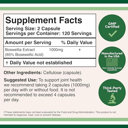Boswellia Serrata - 240 Capsules (Max Strength 1,000mg of 65% Boswellic Acid Extract) Boswellia Extract Capsules (Joint Support Supplement for Joint Health) Third Party Tested by Double Wood