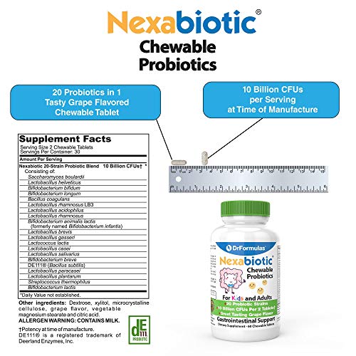 DrFormulas Chewable Probiotics for Kids & Adults | for Oral Dental Health, Bad Breath, & Better Digestion 20 Multi Strain - S boulardii, Lactobacillus plantarum and Bifidobacterium infantis, 60 Chews