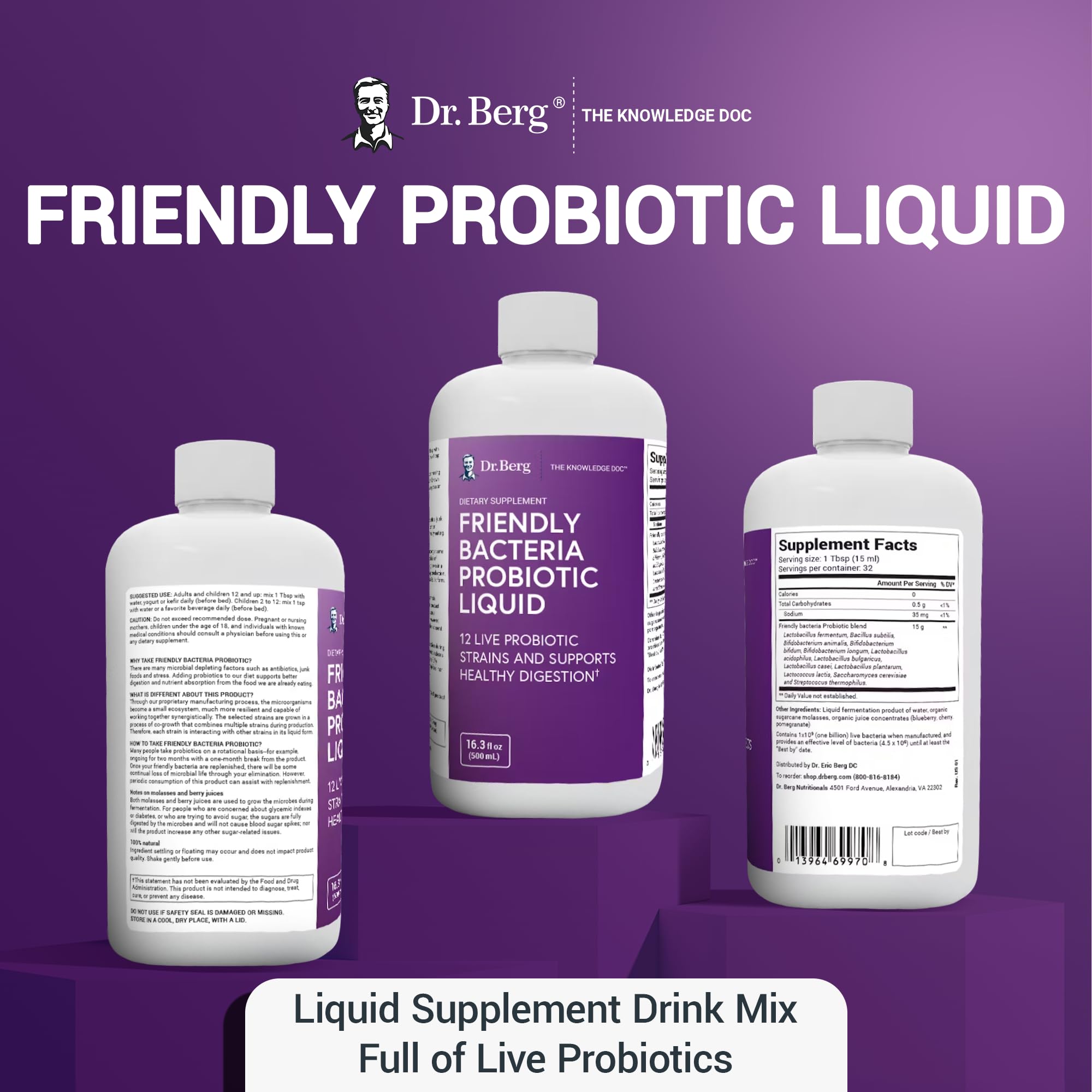 Dr. Berg's Friendly Probiotic Liquid Supplement Drink Mix w/ 12 Live Probiotics Strains & Lactobacillus Acidophilus - Digestive Health, Immune System & Gut Support for Men Women & Kids -1 Month Supply