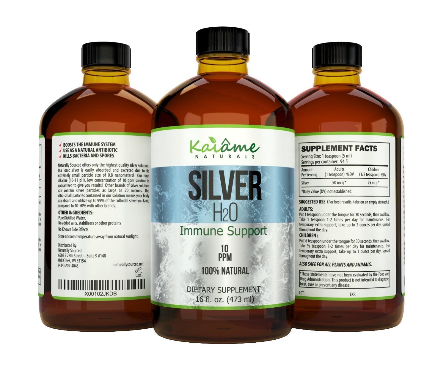 Kaiame Naturals Colloidal Silver, Ionic Silver Solution, 10 PPM, Large 16 oz Glass Bottle, Natural Immune Support Supplement, Safe for Adults, Children, and Pets