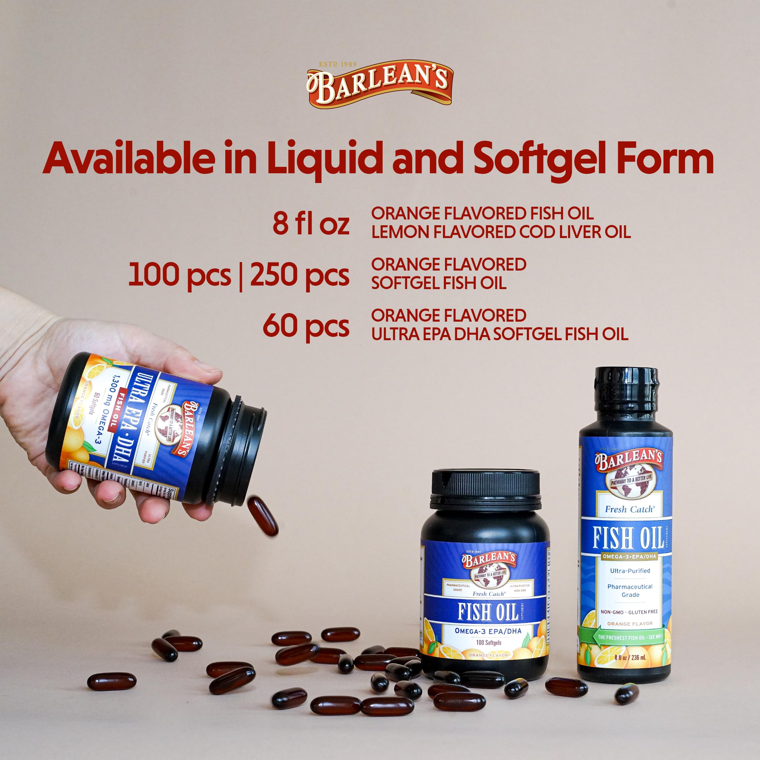 Barlean's Fish Oil Omega 3 Supplement, EPA & DHA Fatty Acid Softgels for Joint, Brain, & Heart Health, 1000mg Orange Flavored Fish Oil Pills, 100 Count