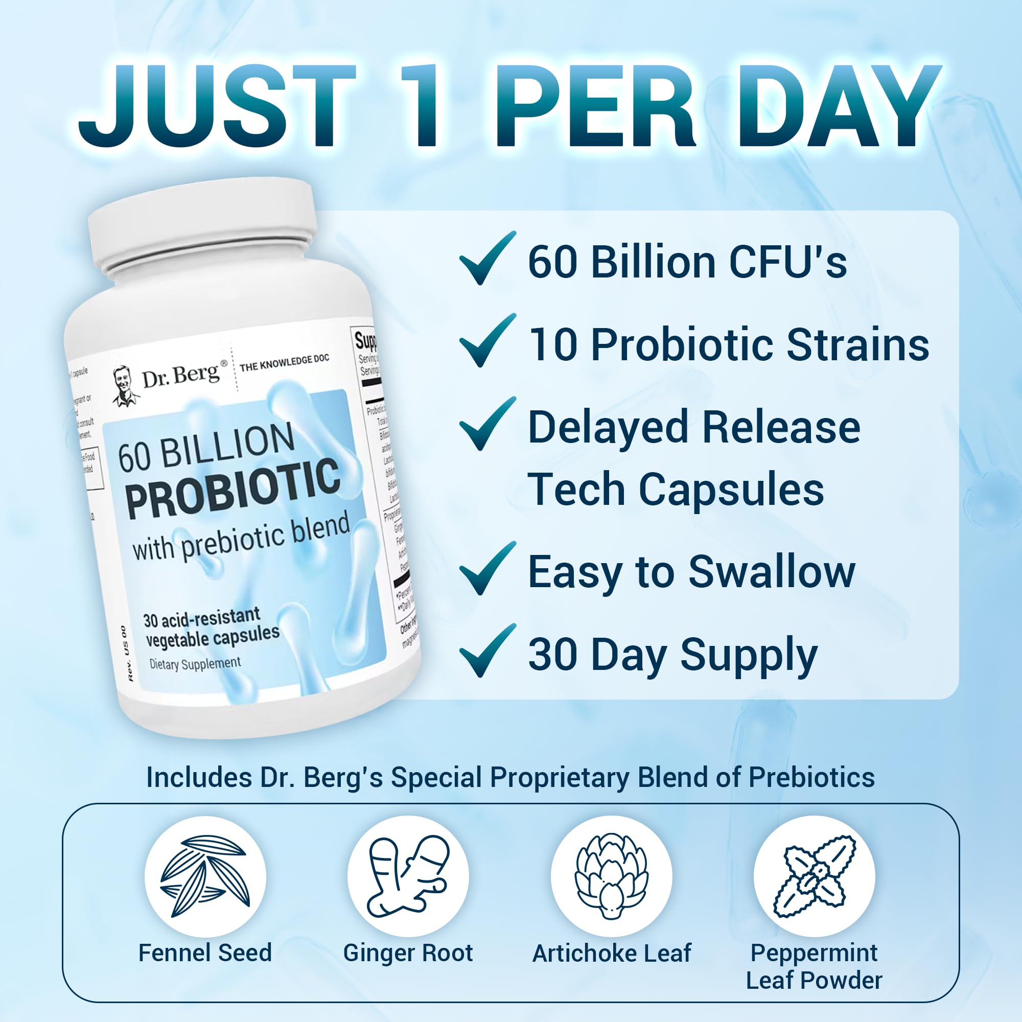Dr. Berg 60 Billion Probiotic Supplement for Men & Women’s Gut Health – Pre and Probiotics for Digestive Health – Probiotics for Men Digestive Health - 30 Probiotic Capsules