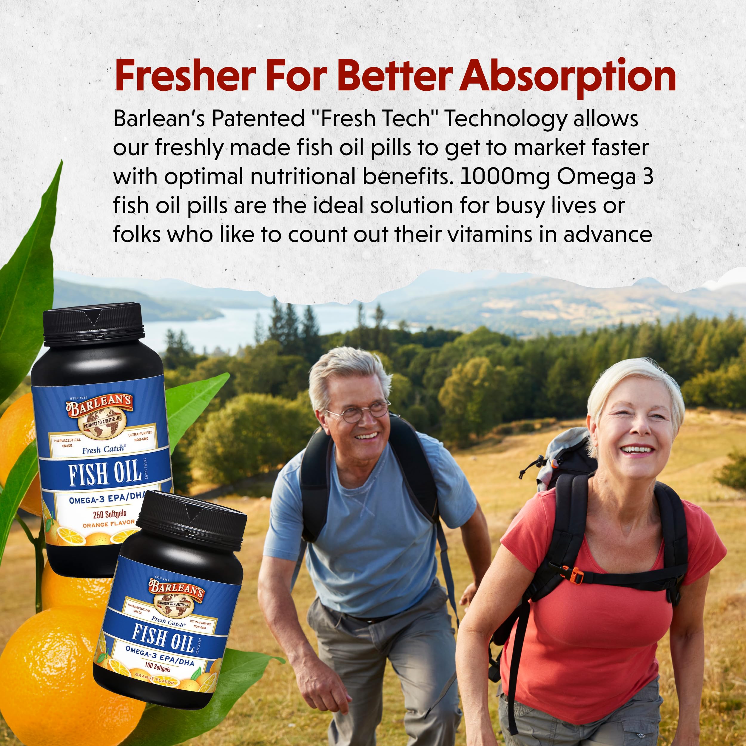 Barlean's Fish Oil Omega 3 Supplement, EPA & DHA Fatty Acid Softgels for Joint, Brain, & Heart Health, 1000mg Orange Flavored Fish Oil Pills, 100 Count